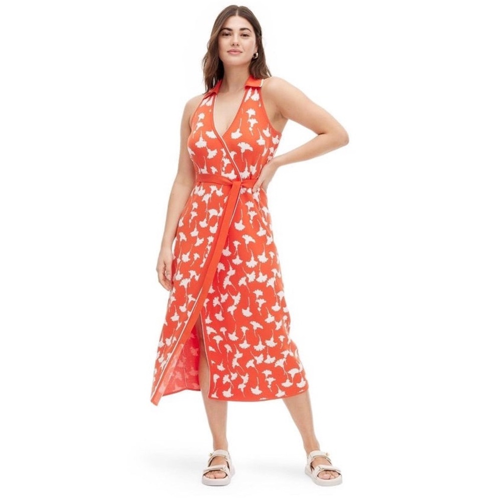DVF Women's Collared Sleeveless Ginkgo Cherry Tomato Sweaterknit Midi Wrap Dress